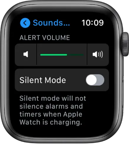 Sounds & Haptics settings on Apple Watch, with the Alert Volume slider at the top, and the Silent Mode button below it.