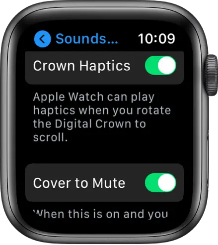 The Crown Haptics screen, showing the Crown Haptics switch turned on. The Cover to Mute button is below.