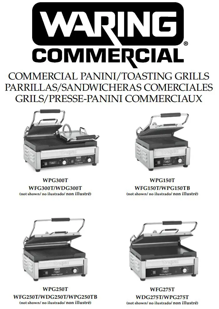 WARING COMMERCIAL WPG300T Panini or Toasting Grills Owner's Manual
