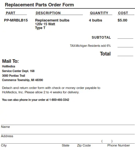 Homedics M-7021 illuminated beauty mirror spa REFLECTIVES Instruction - Replacement Parts Order Form