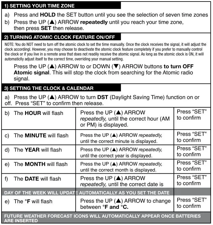 TIMEX Atomic Digital Clock - SETTING THE CLOCK MANUALLY Table