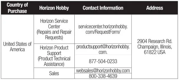 SPEKTRUM RC Spektrum FIRMA Smart ESC Series - Warranty and Service Contact Information