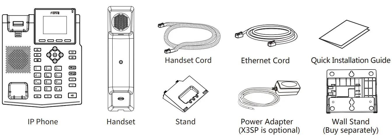 Fanvil X3SP Entry Level IP Phone - Packaging list