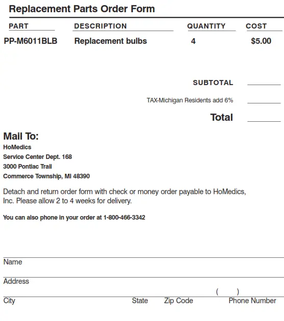 Homedics M-6011 illuminated beauty mirror spa REFLECTIVES Instruction - Order Form