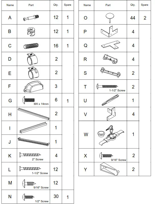 Corner Office HUAL1401 Cady Mobile Pedestal- HARDWARE LIST