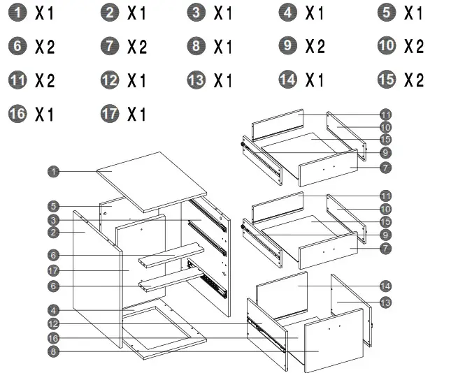 Corner Office HUAL1401 Cady Mobile Pedestal- PARTS LIST