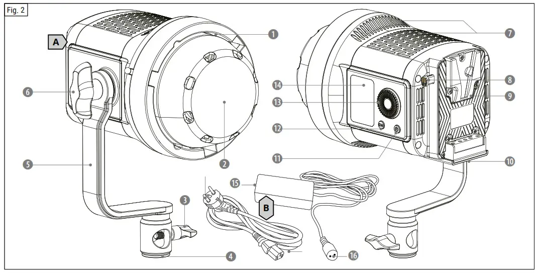 BRESSER F004543 BR-80SL LED Effect Lights with yoke Arm and Bowens Fixture - PARTS LIST & SCOPE OF DELIVERY 2
