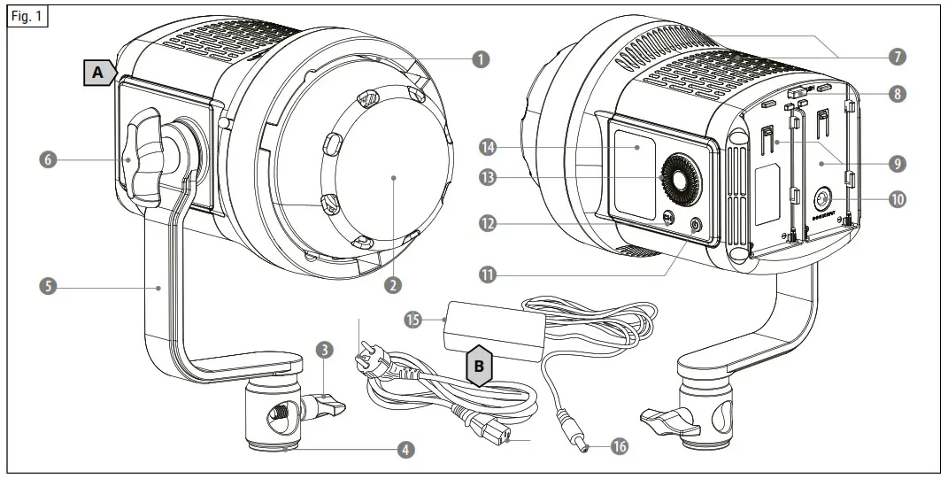 BRESSER F004543 BR-80SL LED Effect Lights with yoke Arm and Bowens Fixture - PARTS LIST & SCOPE OF DELIVERY