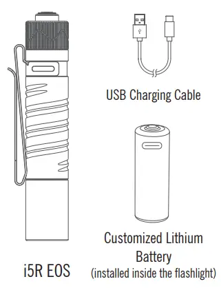 OLIGHT I5R EOS 350 Lumens Rechargeable Tail Switch LED Flashlight - PACKAGE CONTENTS
