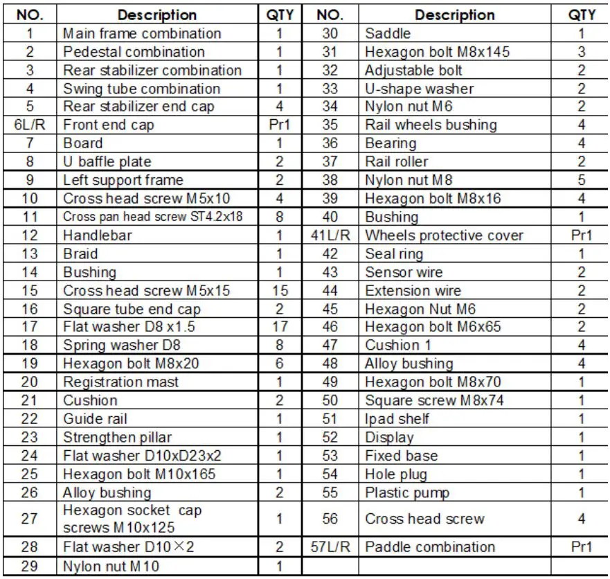 JLL AQUA 1 Water Rower Instruction Manual - PARTS LIST