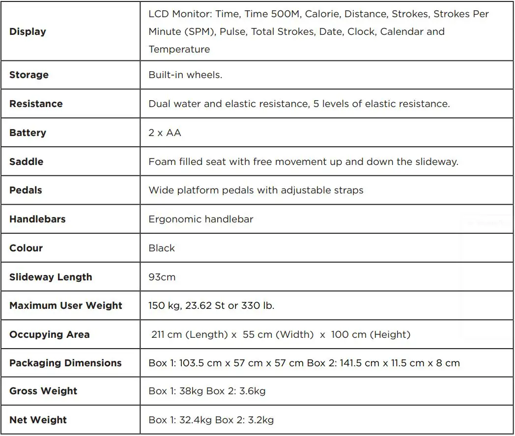 JLL AQUA 1 Water Rower Instruction Manual - SPECIFICATIONS