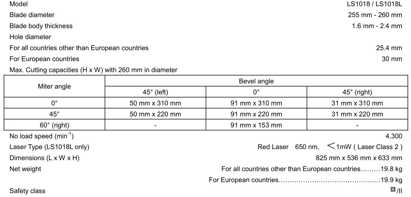 makita LS1018L Slide Compound Miter Saw - SPECIFICATIONS