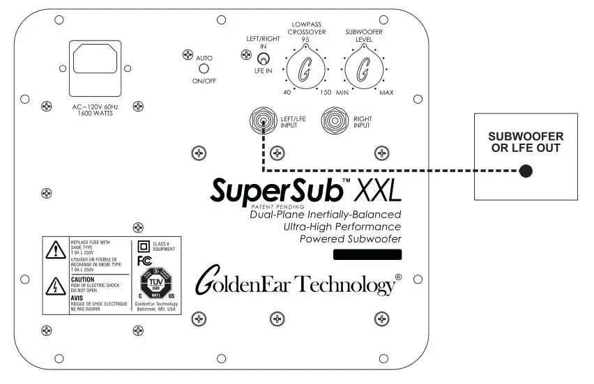 GoldenEar Technology 317SSUBX SuperSub X 1400w Dual-Plane Inertially Balanced Subwoofer - Left LFE Line-Level Input From Sub LFE Output