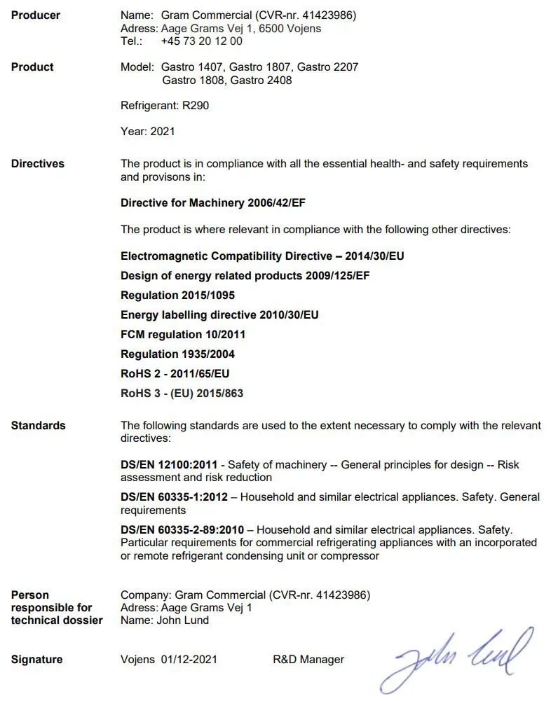 GRAM K 1807 CSG Three Door Refrigerated Counter Instructions - EC-Declaration of conformity