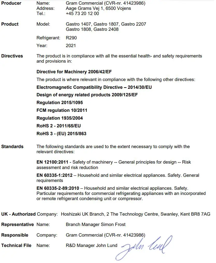 GRAM K 1807 CSG Three Door Refrigerated Counter Instructions - UKCA-Declaration of conformity