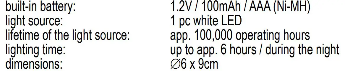 SOMOGYI ELEKTRONIC CDS 93 Solar Candle - TECHNICAL SPECIFICATIONS