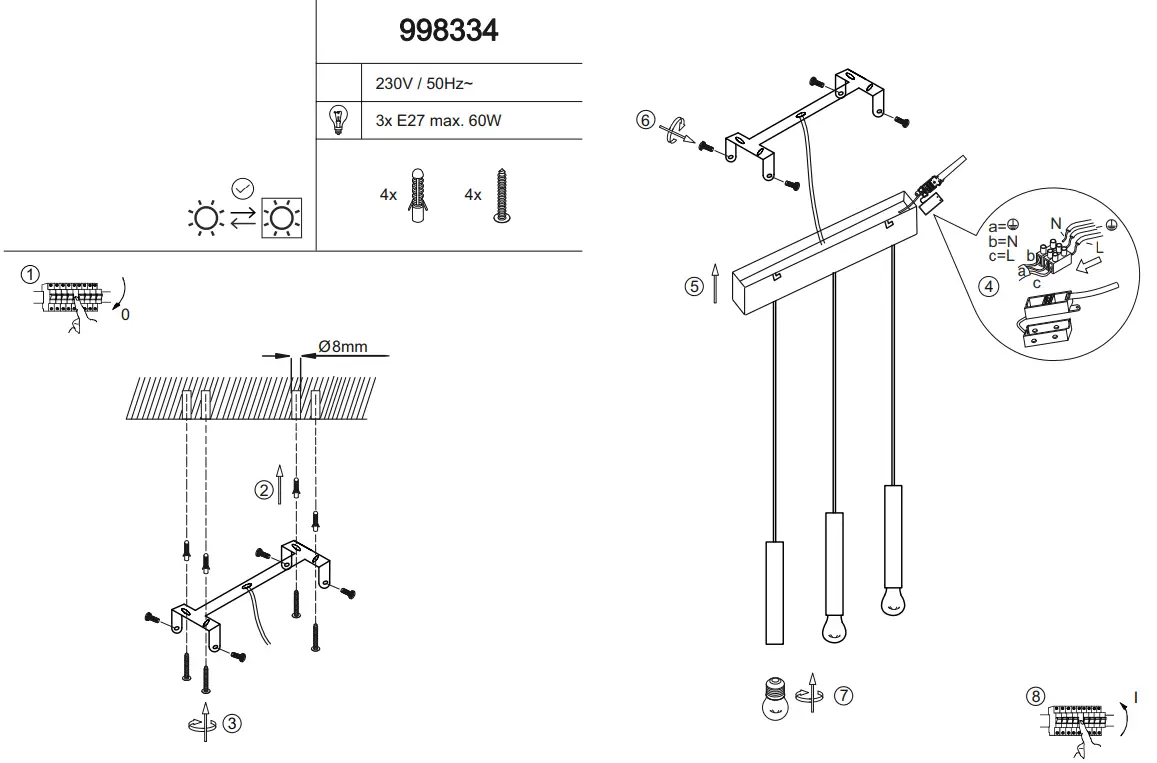 Leuchten Direkt 15618-18 BRUNA 3-Bulb Pendant Light Black - Fig 1