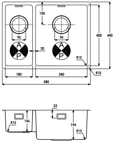 abode Matrix R15 1.5 Bowl - Product dimensions and installation 1