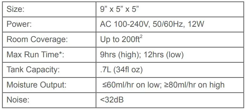 pore enrichment PEHUMSML mistaire studio Humidifier - PRODUCT SPECIFICATIONS