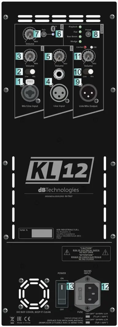 dB KL12Q Active Speaker - Connections, controls, first turn on