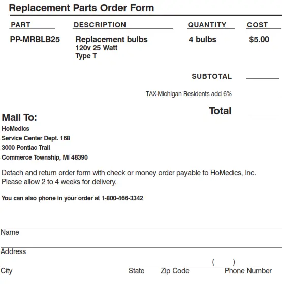 Homedics M-10042 Makup Artist Studio Mirror Instruction - Replacement Parts Order Form