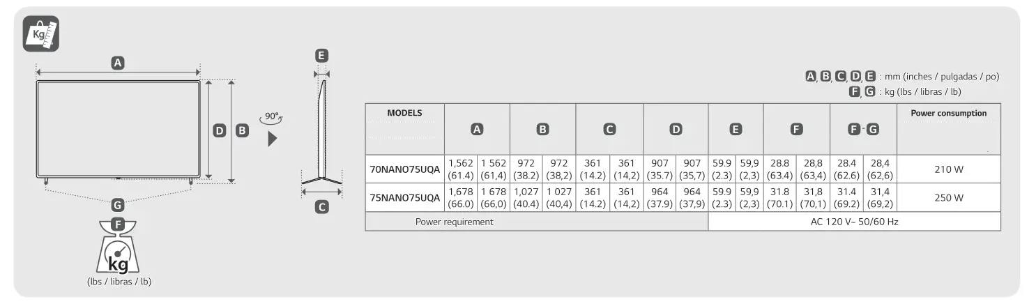 LG 70NANO75UQA 70 Inch Class LED 4K UHD Smart webOS 22 ThinQ AI TV - Wight