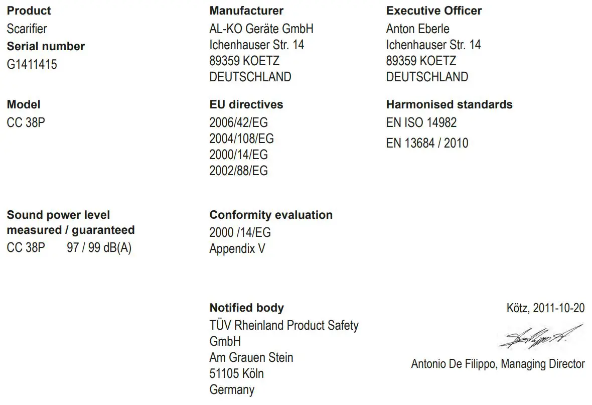 AL-KO Combi Care 38 P Comfort Petrol Scarifier Instruction Manual - EC declaration of conformity