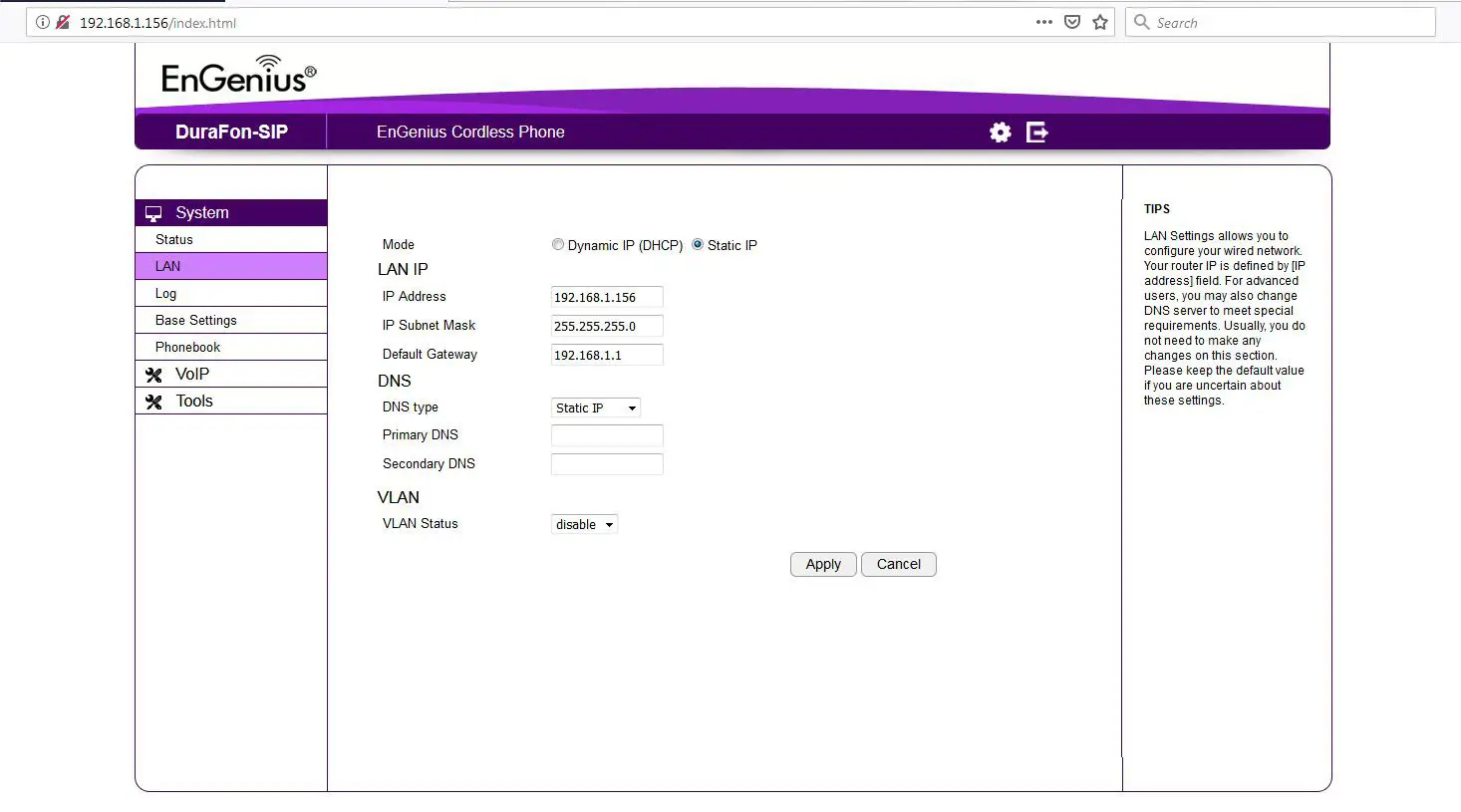 EnGenius DuraFon SIP System with ONSIP Sip - LAN Tab settings