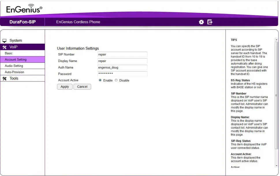 EnGenius DuraFon SIP System with ONSIP Sip - SIP PASSWORD