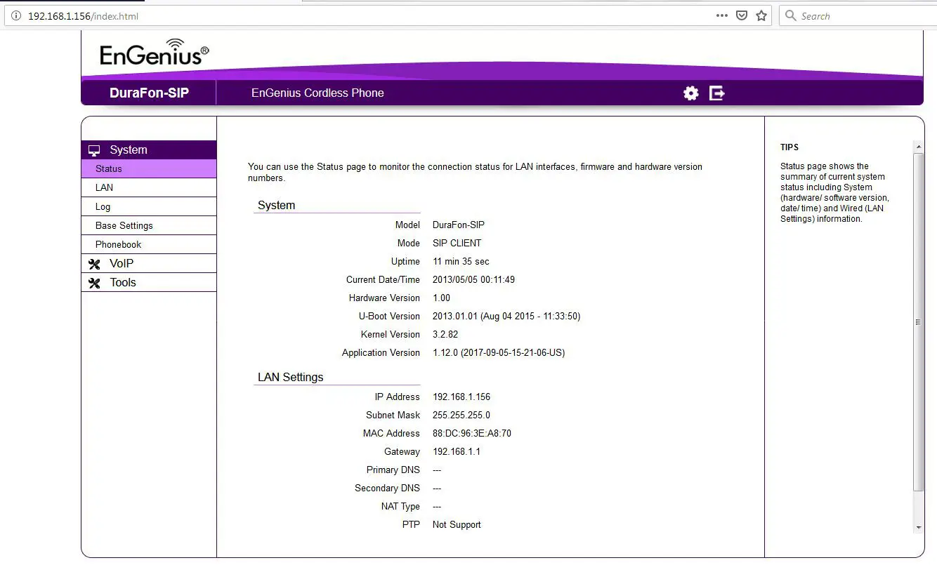 EnGenius DuraFon SIP System with ONSIP Sip - configuration page