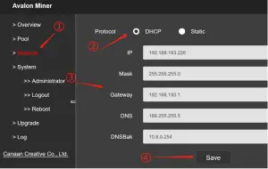 canaan AvalonMiner 1146 Pro User - Network Setting6