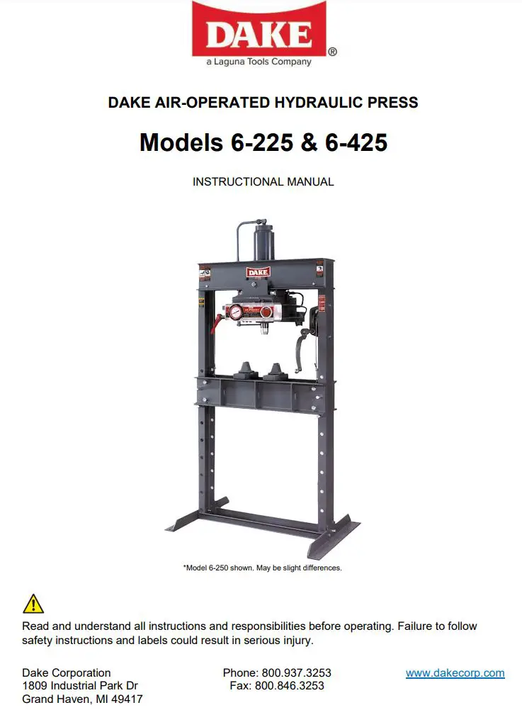 DAKE 6-225 Air-Operated Hydraulic Press Air Pump Instruction Manual