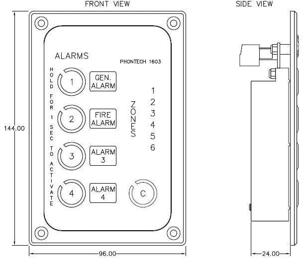 zenitel P-1603 PAGA Alarm Control Panel- TECHNICAL DIMENSIONS