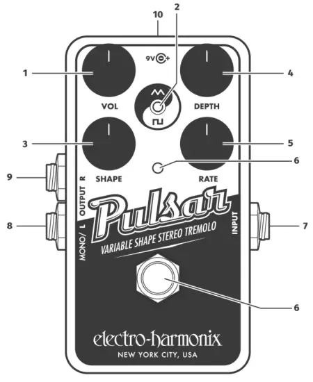 electro harmonix Nano Pulsar Variable Shape Stereo Tremolo - Controls and Connections