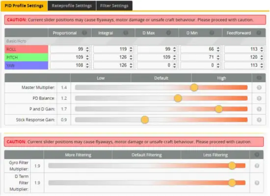 CineRace20 - PID and filter settings