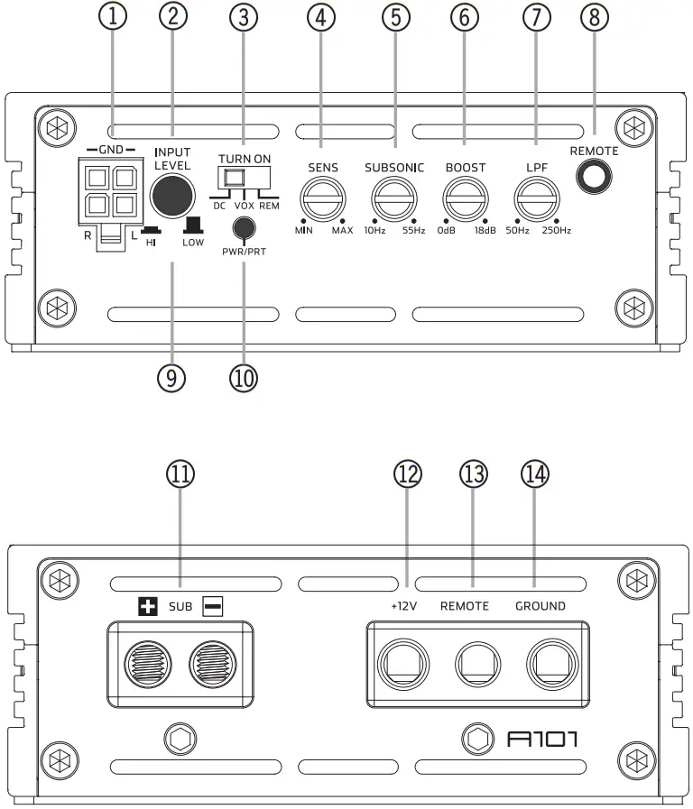 AXTON A101 6 Channel Power Amplifiers - A101 CONNECTIONS + CONTROLS