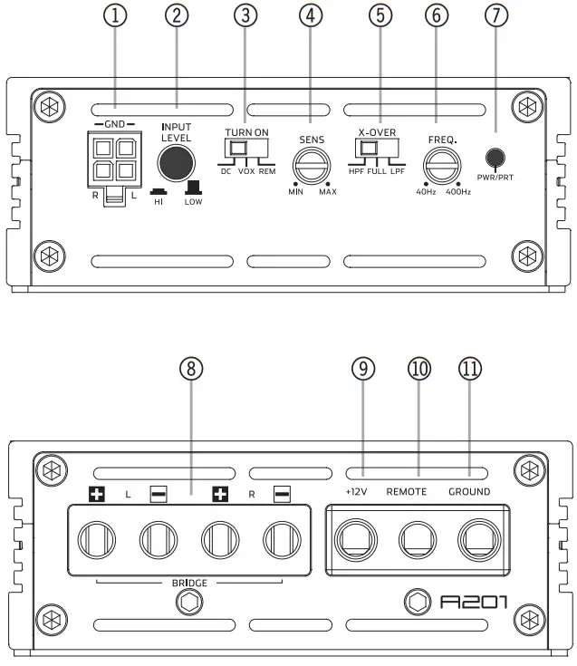 AXTON A101 6 Channel Power Amplifiers - A201 CONNECTIONS + CONTROLS