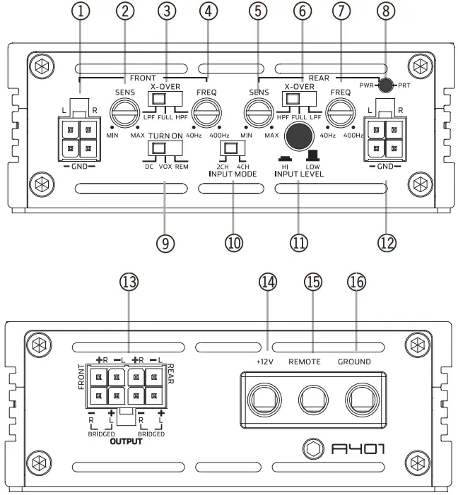 AXTON A101 6 Channel Power Amplifiers - A401 CONNECTIONS + CONTROLS