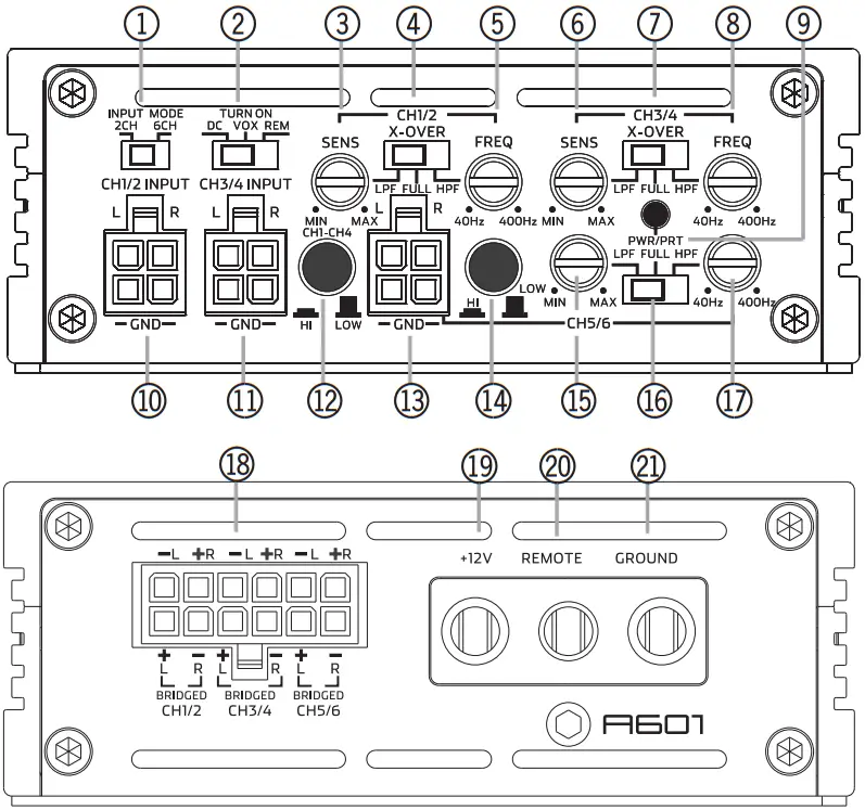 AXTON A101 6 Channel Power Amplifiers - A601 CONNECTIONS + CONTROLS