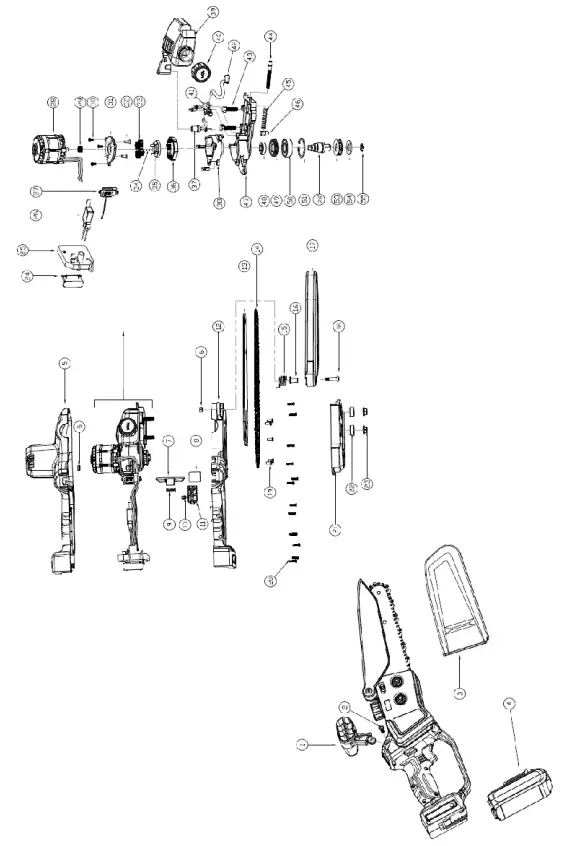 ANOVA MB600 21V 600W Mini Battery Chainsaw - Exploded view