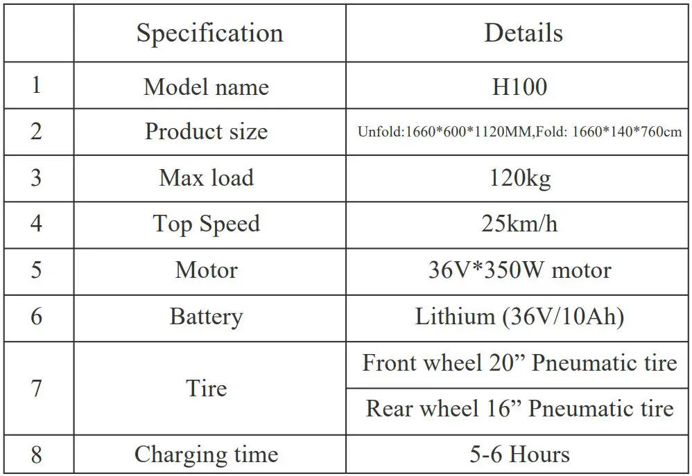 ECO-FLYING H100 Foldable Electric Scooter User Manual - Product Specification