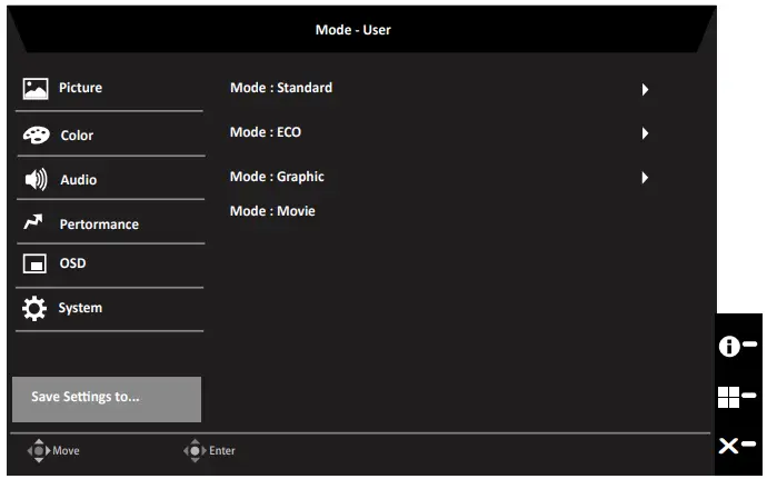 Save Setting to…(User mode only)