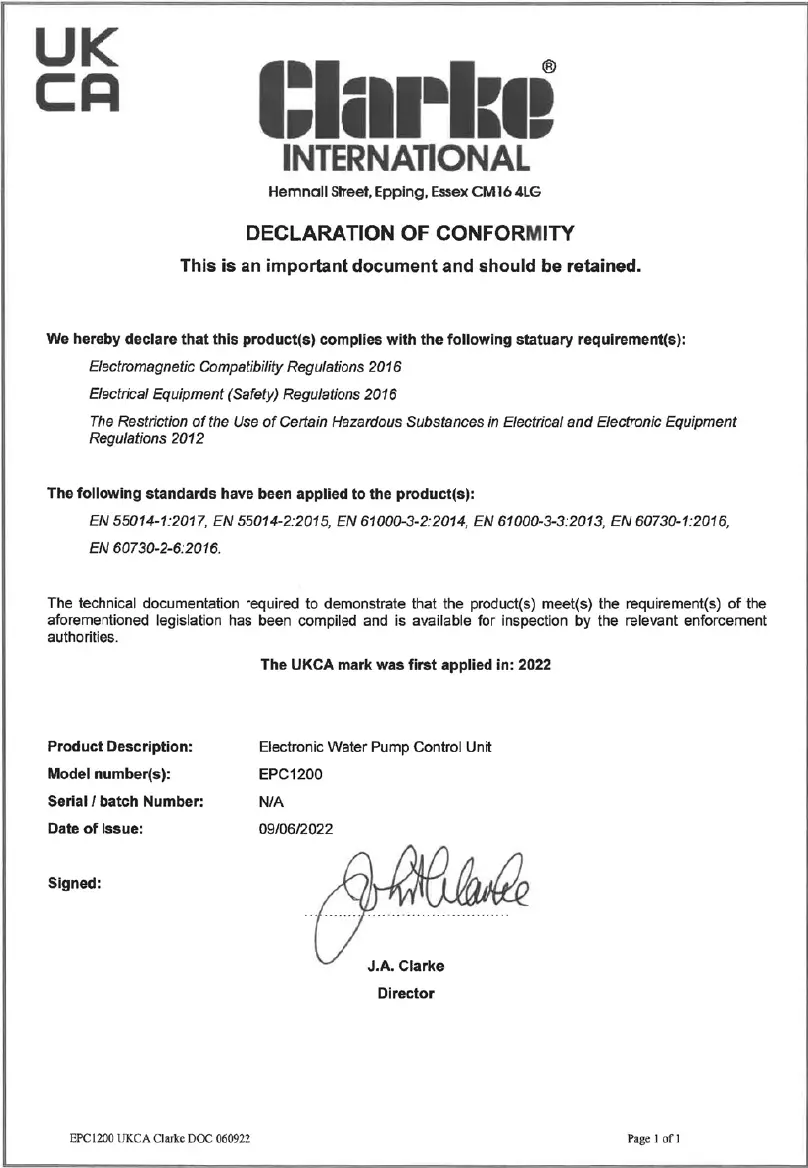 Clarke EPC1200 Electronic Pump Controller 12