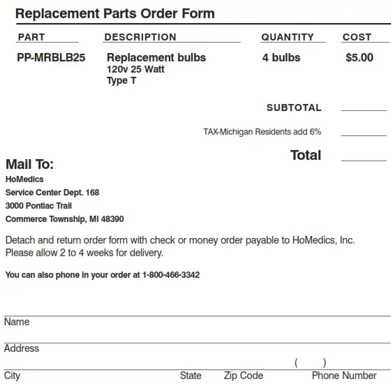 Homedics M-7035 illuminated beauty mirror spa REFLECTIVES Instruction - Replacement Parts Order Form