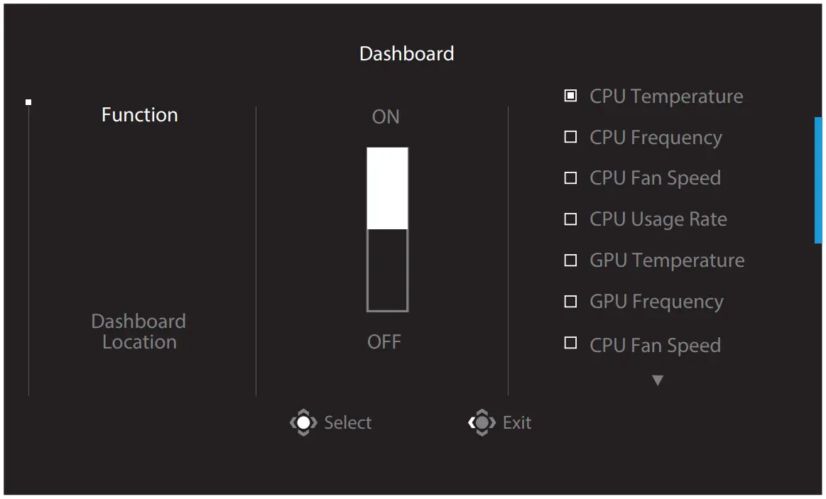 GIGABYTE G27QC Gaming Monitor - Dashboard menu