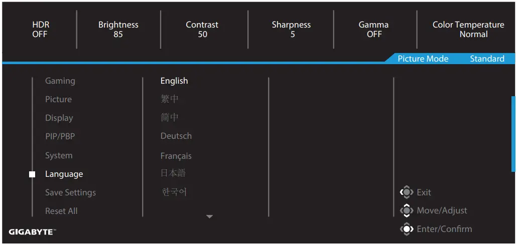 GIGABYTE G27QC Gaming Monitor - Language