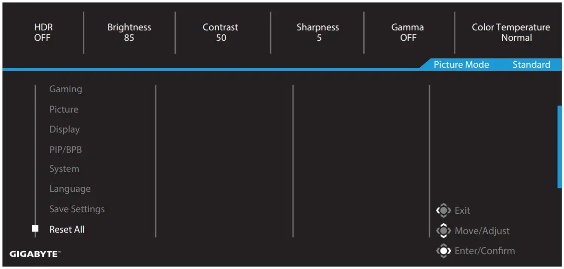 GIGABYTE G27QC Gaming Monitor - Reset All