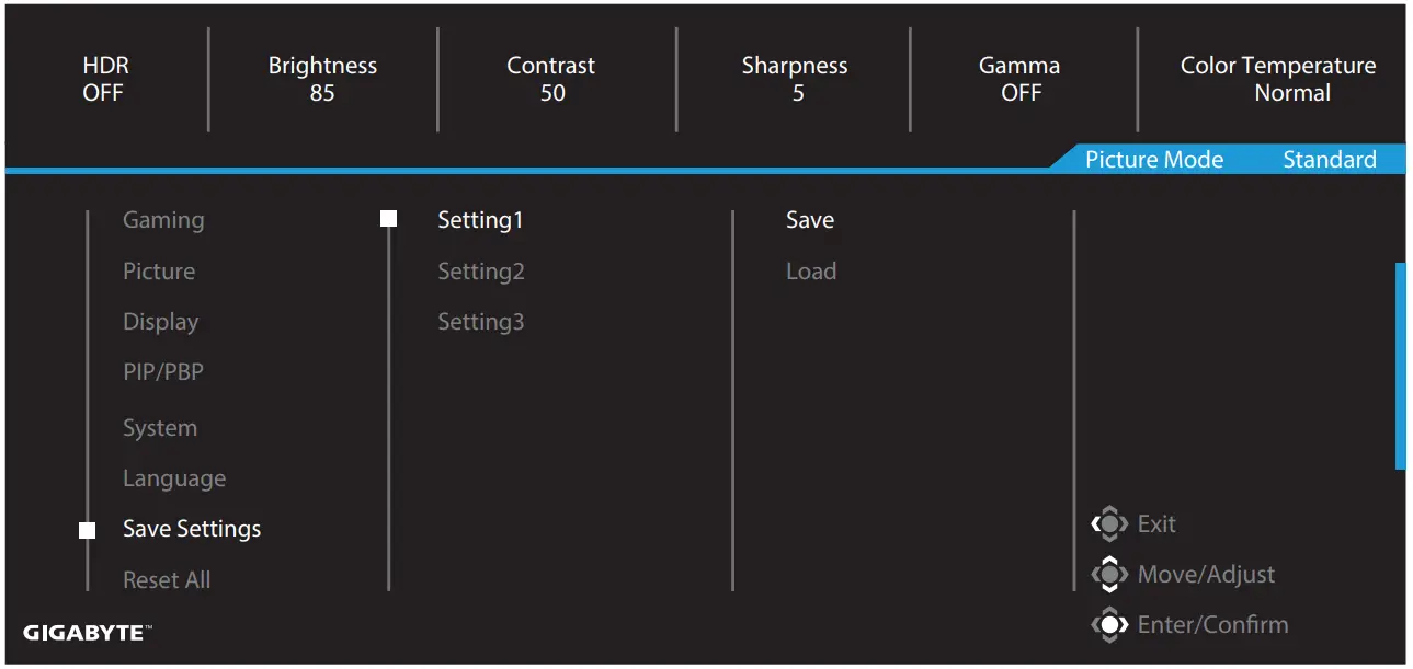 GIGABYTE G27QC Gaming Monitor - Save Settings