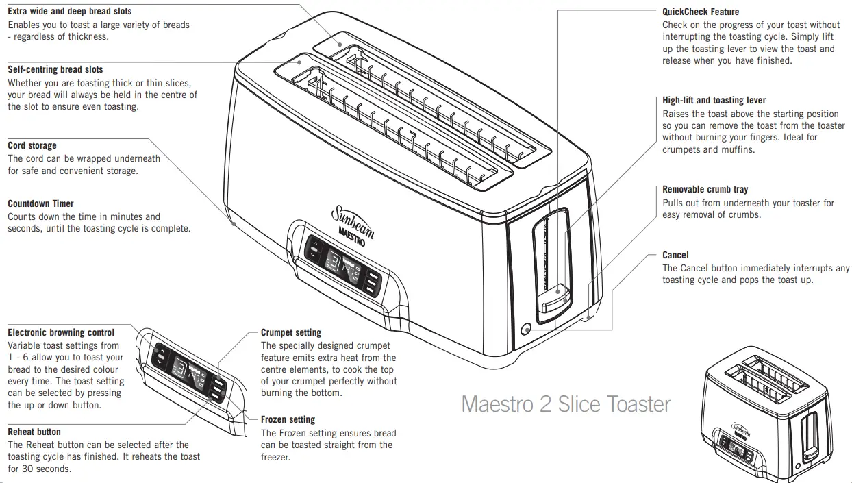 Sunbeam TA6240 Maestro 2 Slice Long Slot Toaster-fig2
