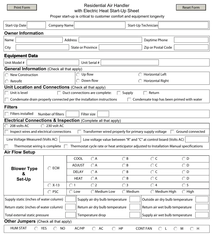MP Series - Standard PSC Modular Multi-Position Air Handlers - START UP SHEET 1
